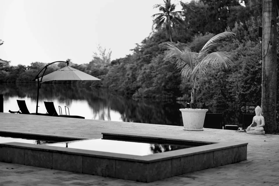 A swimming pool and parasol beside a palm-lined lake, photographed in black and white