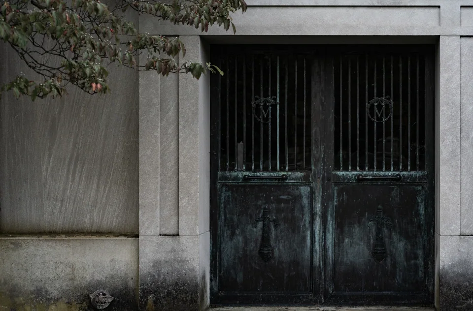 Dark double doors in a weathered stone building framed by branches