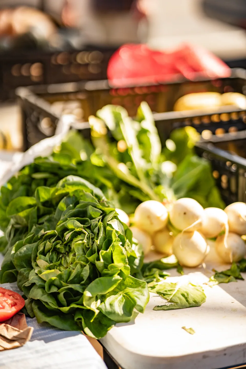 Leafy greens and pale bulbs displayed at an outdoor produce stall